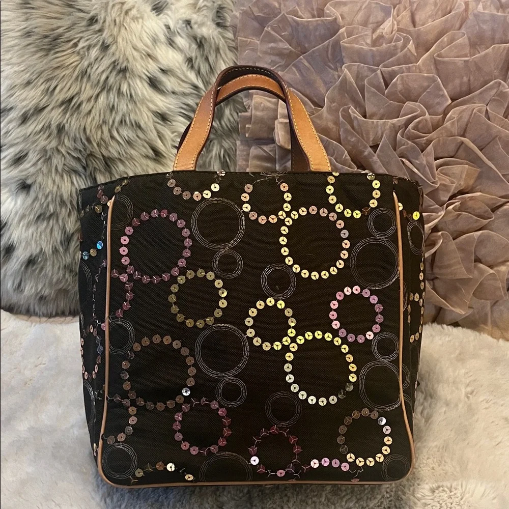 MZ Wallace Brown Neutral Embroidered Sequin Circles Leather Handles Canvas Tote